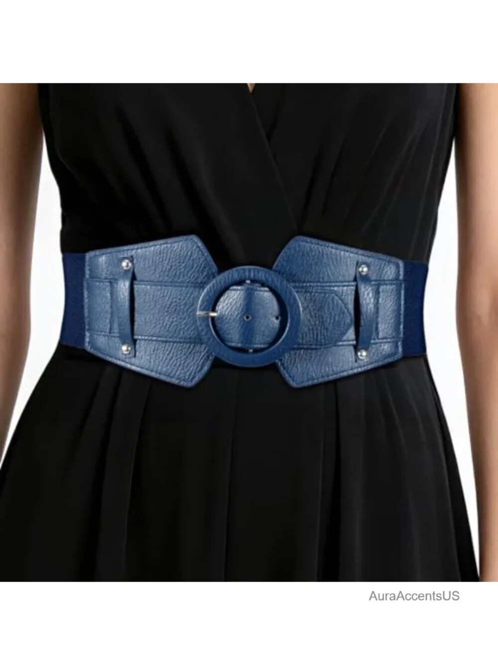 Wide PU Leather Elastic Waist Belt with Round Buckle for Dresses